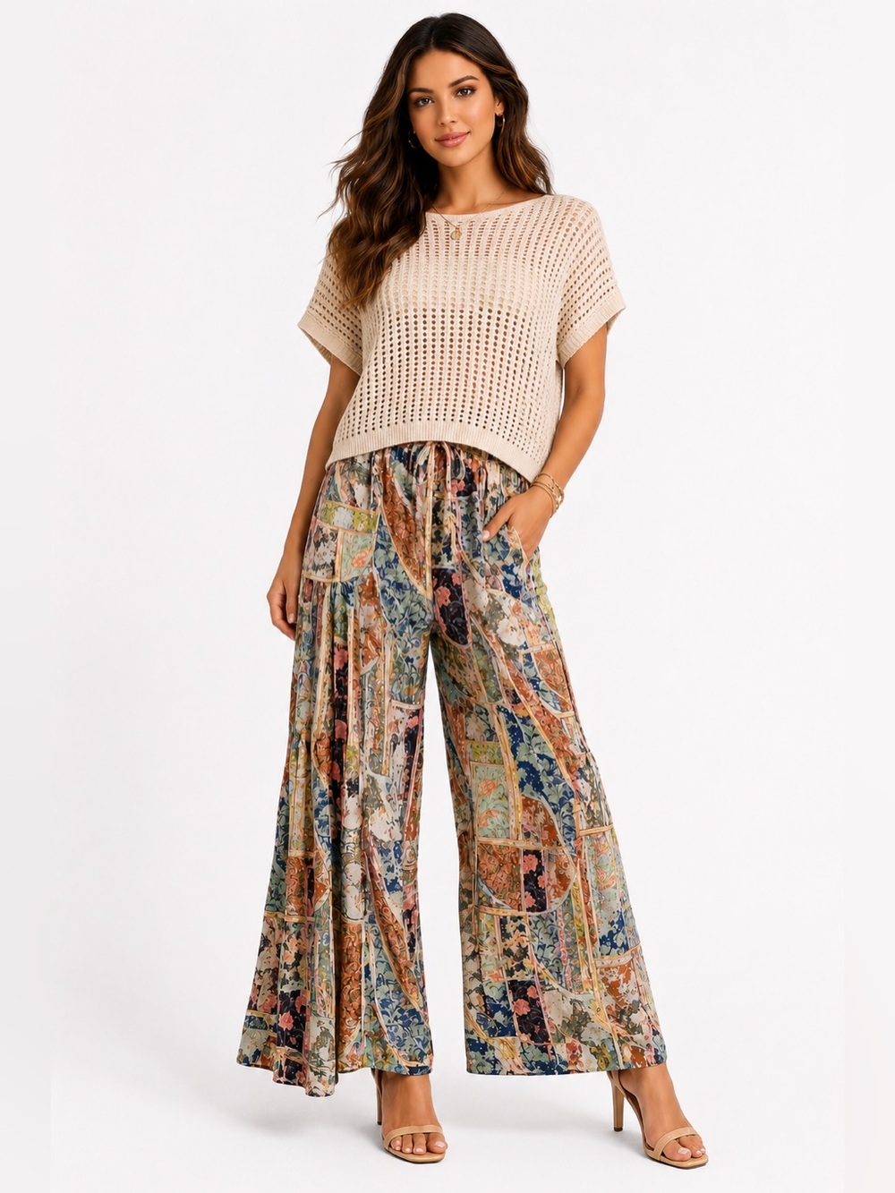 High-Waist Wide Leg Patchwork Print Pants - Multicolor